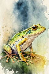 Watercolor hand painted image of a cute frog ,made with Generative AI