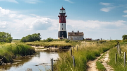 Fototapeta na wymiar an old lighthouse on a coast. holiday concept. Generative AI