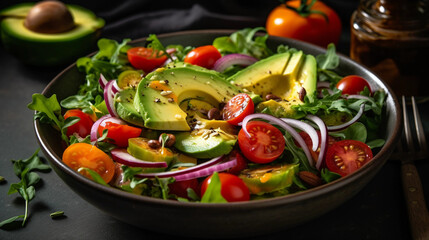A bowl of colorful and nutritious salad with mixed greens, cherry tomatoes, and avocado slices