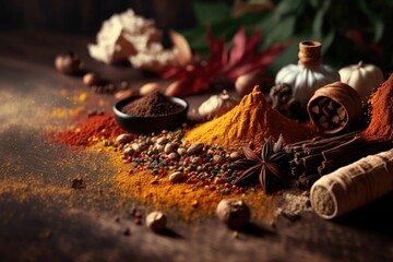 Traditional spices anise, star anise, turmeric close-up. Ingredients for cooking many dishes ,made with Generative AI