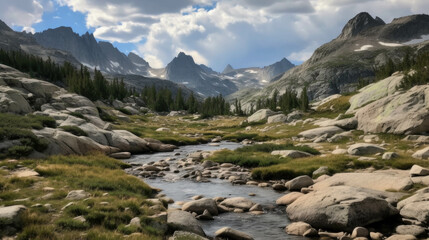 a small river in a mountain landscape. Generative AI