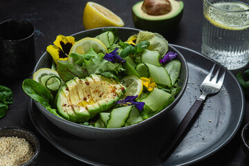 Spinach, avocado and cucumber salad. Food styling
