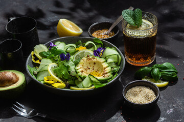 Spinach, avocado and cucumber salad. Food styling