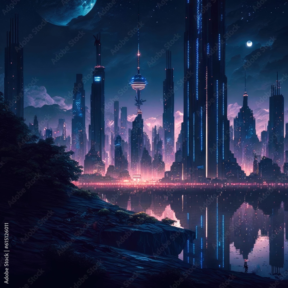 Poster a futuristic cityscape with advanced cybersecurity, alien world ,made with generative ai