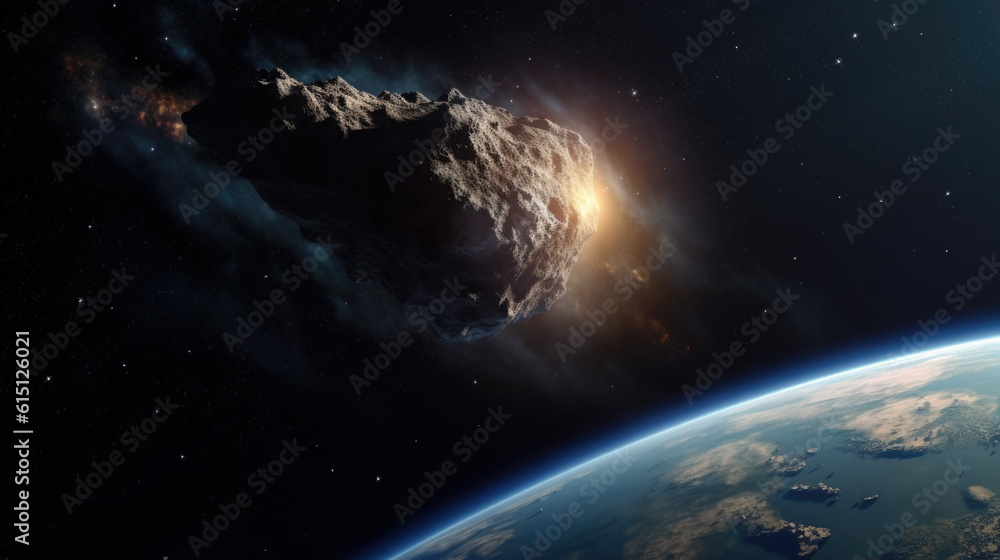 Poster a meteorite in space flies towards earth. generative ai