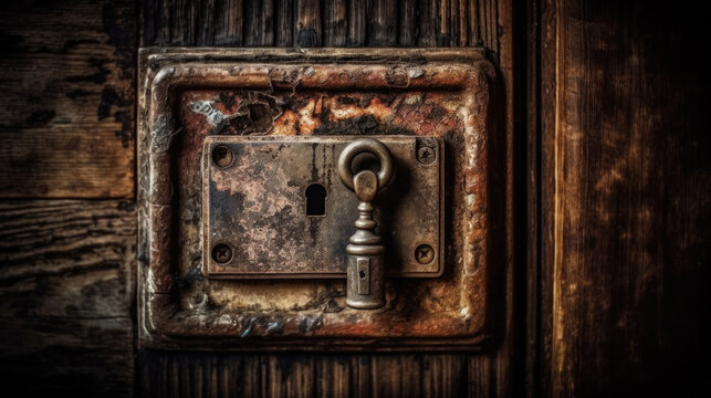 close up of an old wooden door with a rusty metal lock. Generative AI