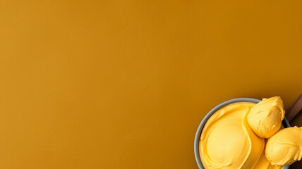 Minimalist yellow mango ice cream background with copy space.