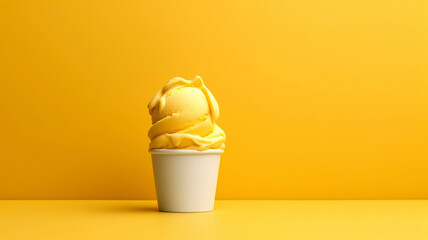 Minimalist yellow mango ice cream background with copy space.