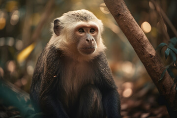Capuchin monkey in the rainforest. Generative AI