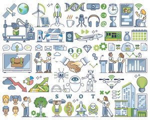 Business innovation, effective technological automation outline collection set. Elements with futuristic AI solutions, smart and creative tech solutions and partner collaboration vector illustration.