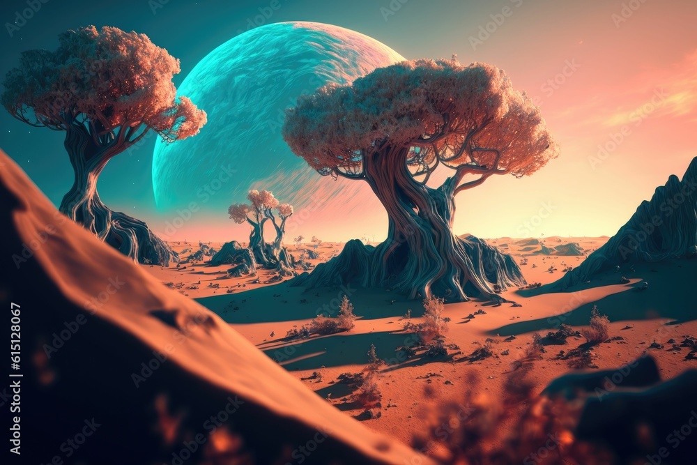 Poster fluffy glowing alien trees on the surface of a planet ,made with generative ai