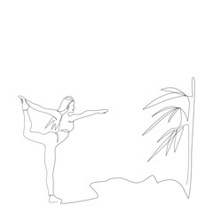 Female yoga poses for flexibility in one continue line art drawing for yoga day, fitness, sport, workout, health. Woman Isolated image hand draw contour. Line art of girl doing Yoga in outdoor.