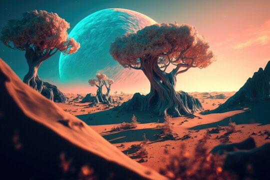 Fluffy glowing alien trees on the surface of a planet ,made with Generative AI