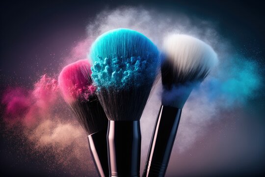 Cosmetics brushes and explosion makeup powder, creative concept ,made with Generative AI