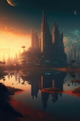 Naklejka premium A futuristic cityscape with advanced cybersecurity, alien world ,made with Generative AI