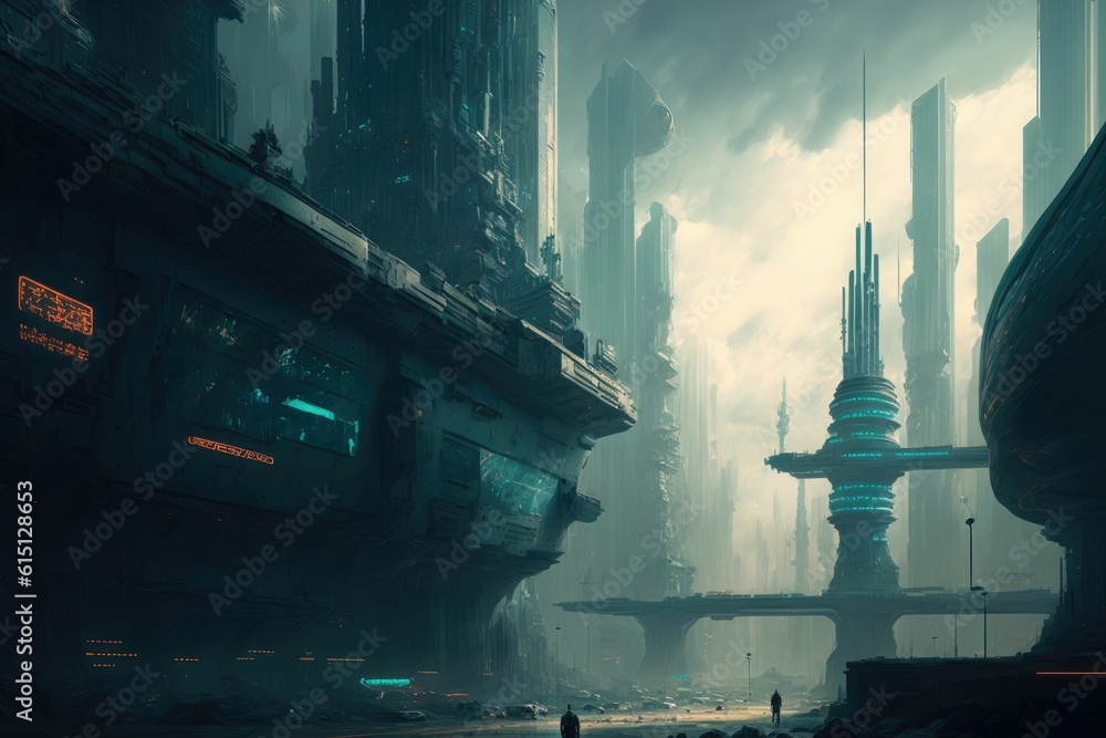 Poster a futuristic cityscape with advanced cybersecurity, alien world ,made with generative ai