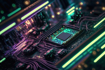 Amazing computer chip board, abstract electronic circuits, bright neon lights ,made with Generative AI