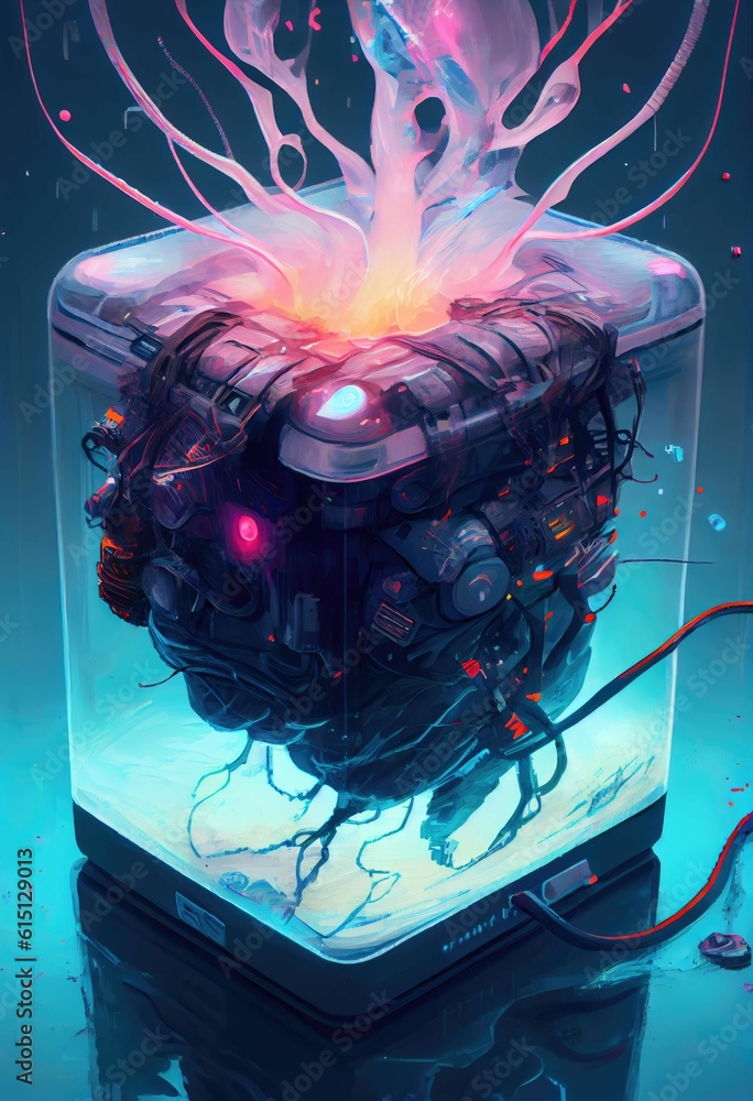 Poster artificial brain in a glass container, neon light abstract background ,made with generative ai