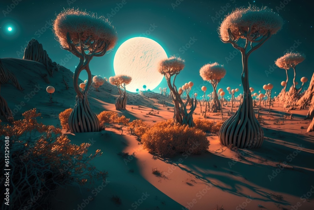 Poster fluffy glowing alien trees on the surface of a planet ,made with generative ai