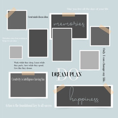 Photo collage template motivation moodboard pictures grids in black colors. 