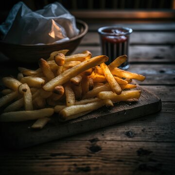 Crispy french fries on a table, product shoot ,made with Generative AI