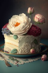 Beautiful designer wedding cake with floral decorations ,made with Generative AI
