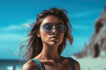 Portrait of woman with sunglasses at summer enjoy vacation. Generative ai image
