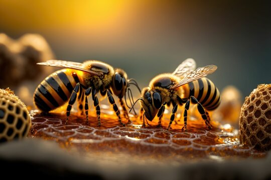 Group of bees on the honeycomb producing honey ,made with Generative AI