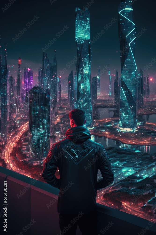Poster a futuristic cityscape with advanced cybersecurity alien world ,made with generative ai