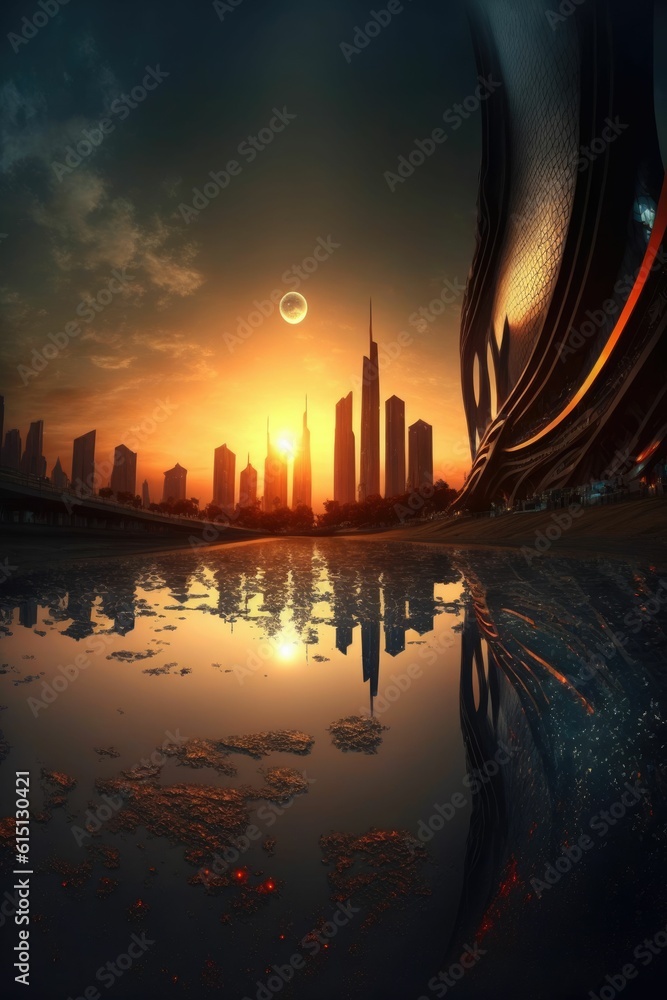 Poster a futuristic cityscape with advanced cybersecurity, alien world ,made with generative ai