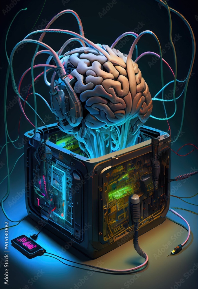 Aufkleber artificial brain in a glass container, neon light abstract background ,made with generative ai