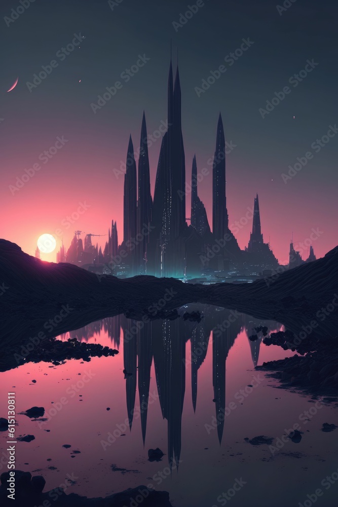Poster a futuristic cityscape with advanced cybersecurity alien world ,made with generative ai