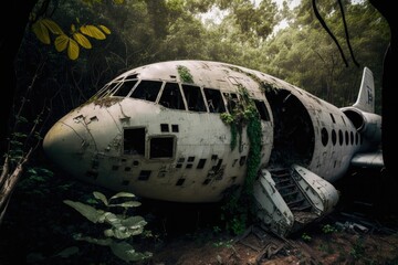 Derelict abandoned plane in the dense jungle ,made with Generative AI