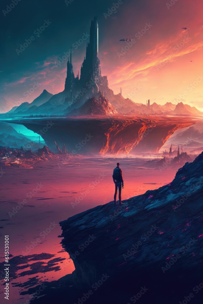 Poster a futuristic cityscape with advanced cybersecurity alien world ,made with generative ai
