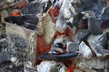 Closeup of charcoal smoldering in the fireplace