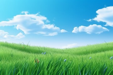 Fototapeta na wymiar Refreshing green grass and blue sky, illustration. Generative AI