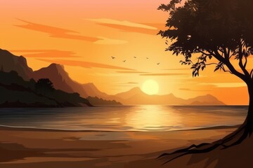 Sunset beach scene with trees and mountains background. Generative AI