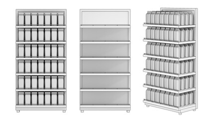 Shop display shelf with products. 3d illustration. Isolated