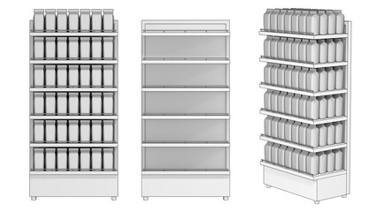 Shop display shelf with products. 3d illustration. Isolated