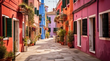 Fototapeta na wymiar Alleyway with colorful facades on the island of Burano in Venice in Veneto. Generative AI