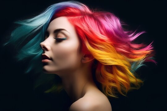 Portrait of woman with bright colored flying hair. Professional hair coloring. Generative ai image