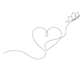 Continuous one line drawing of Butterfly. Simple flying butterfly shaped love line art vector illustration with editable Stroke.