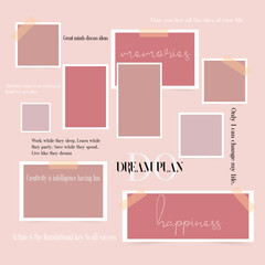 Photo collage template motivation moodboard pictures grids in pink pastel colors. 