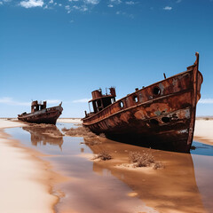 Fototapeta na wymiar Old rusty shipwreck in shallow water, blue sky 