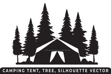 Camping tent silhouette vector, Tent and tree vector, Campsite silhouette, Outdoor adventure vector, Camping tent icon, Forest silhouette vector, Night camping scene, Night camping silhouette.