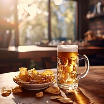 Potatoes chips and mug of beer in wooden table in beer bar 