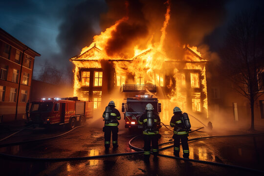 Firefighters extinguish the building. Generative ai image
