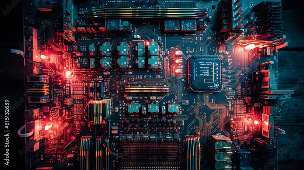 Wall mural a computer circuit board with red and blue lights ,generative ai