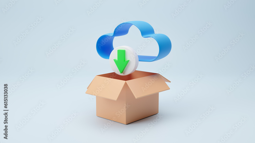 Poster software download box. isometric cloud technology icon, 3d blue online data storage symbol in open c