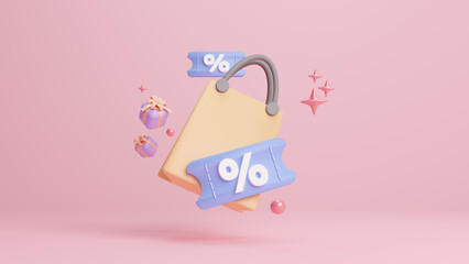 3D bag with a percentage sign and coupons and flying gift box for online sales and favorable prices. Sale, discount or clearance Concept. Online or retail shopping symbol. 3d rendering illustration.